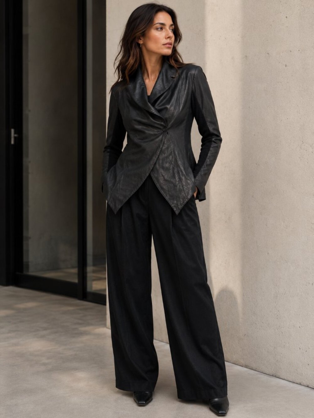 Vera Wang Lavender Label Black Leather Drape Front Jacket 12